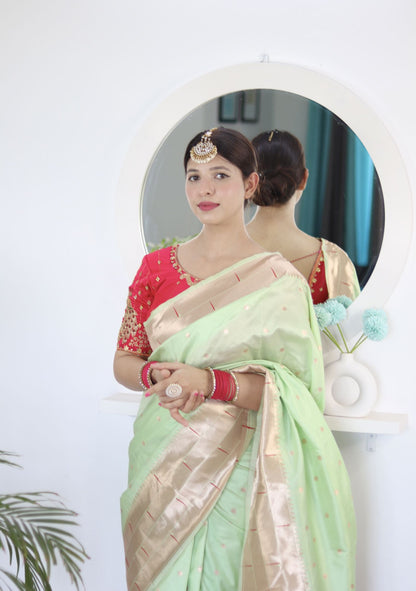 Pista Paithani Silk Saree: Woven Jacquard Designer, Embroidery Work Blouse