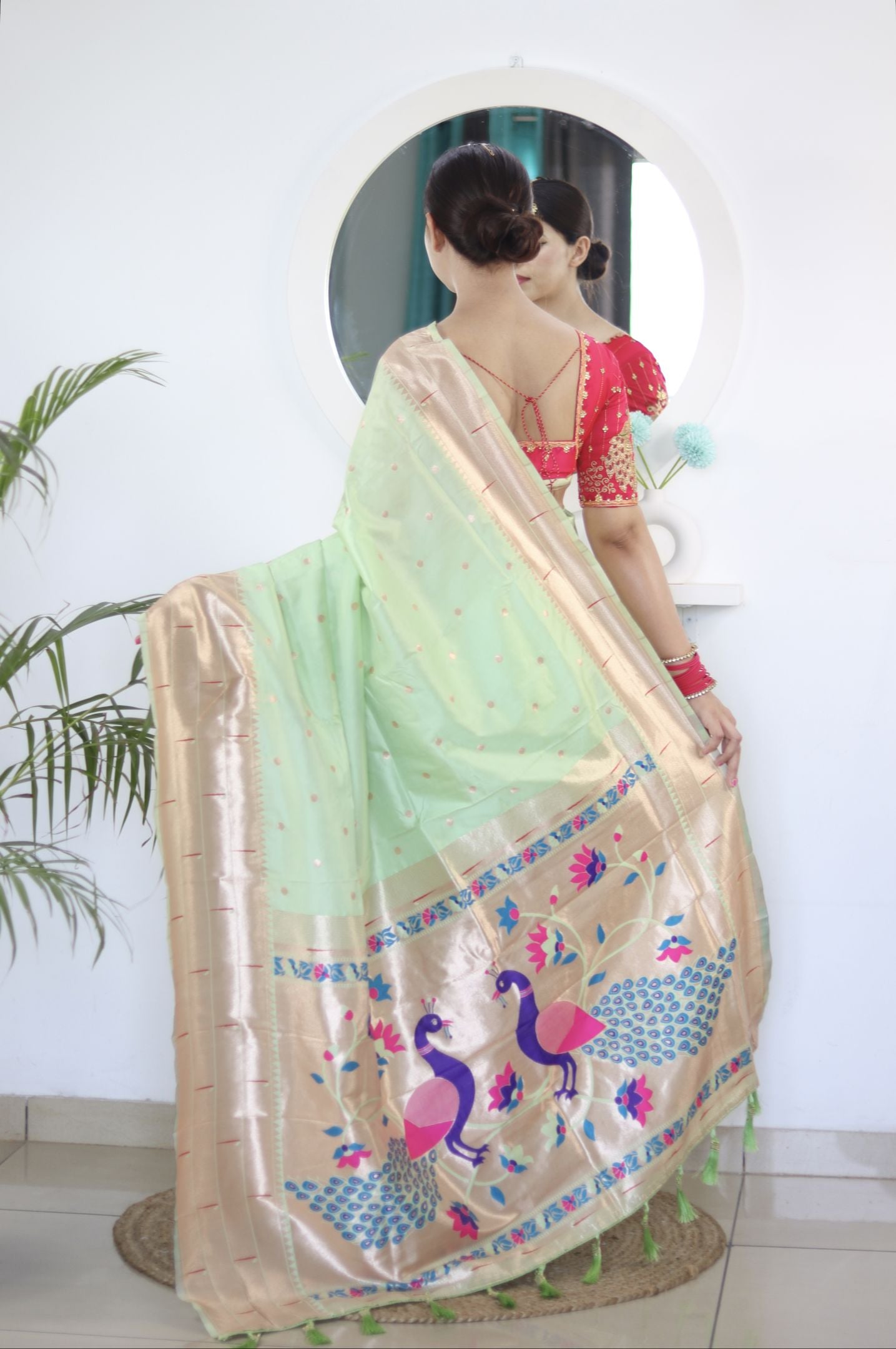 Pista Paithani Silk Saree: Woven Jacquard Designer, Embroidery Work Blouse