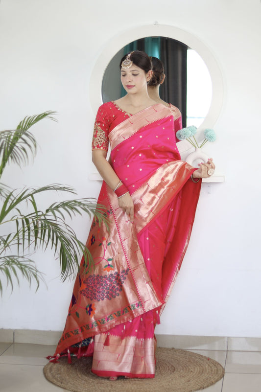 Mild Pink Paithani Silk Saree: Woven Jacquard Designer, Embroidery Work Blouse