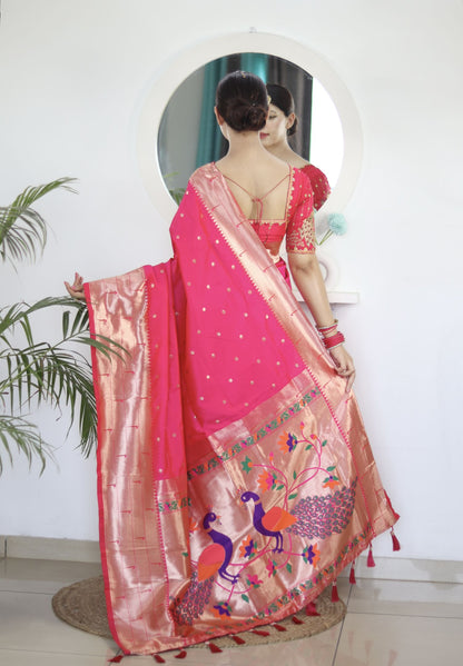 Mild Pink Paithani Silk Saree: Woven Jacquard Designer, Embroidery Work Blouse