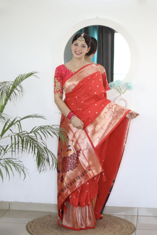 Red Paithani Silk Saree: Woven Jacquard Designer, Embroidery Work Blouse