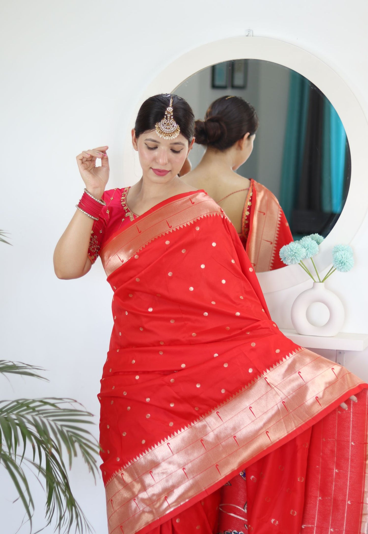 Red Paithani Silk Saree: Woven Jacquard Designer, Embroidery Work Blouse