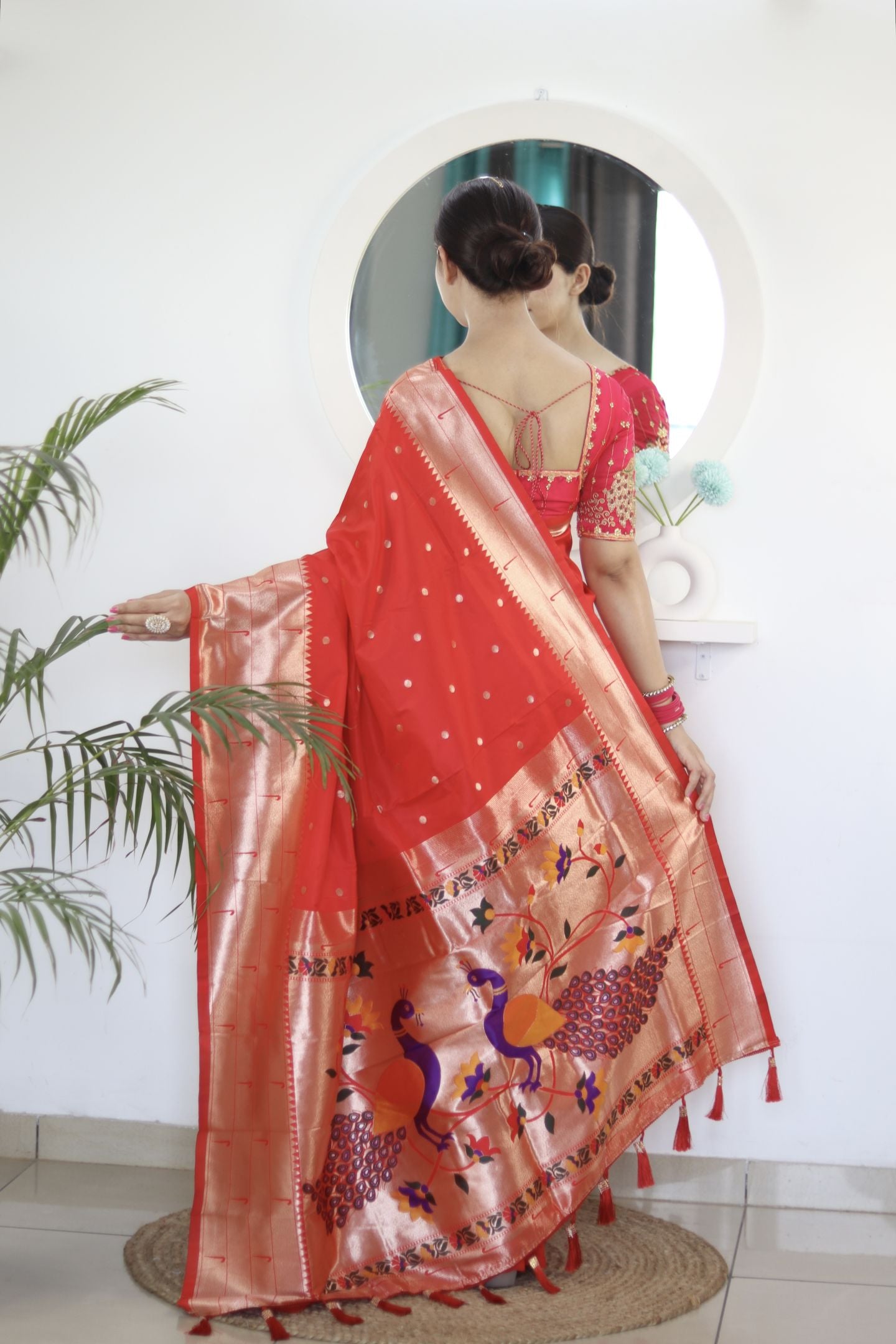 Red Paithani Silk Saree: Woven Jacquard Designer, Embroidery Work Blouse