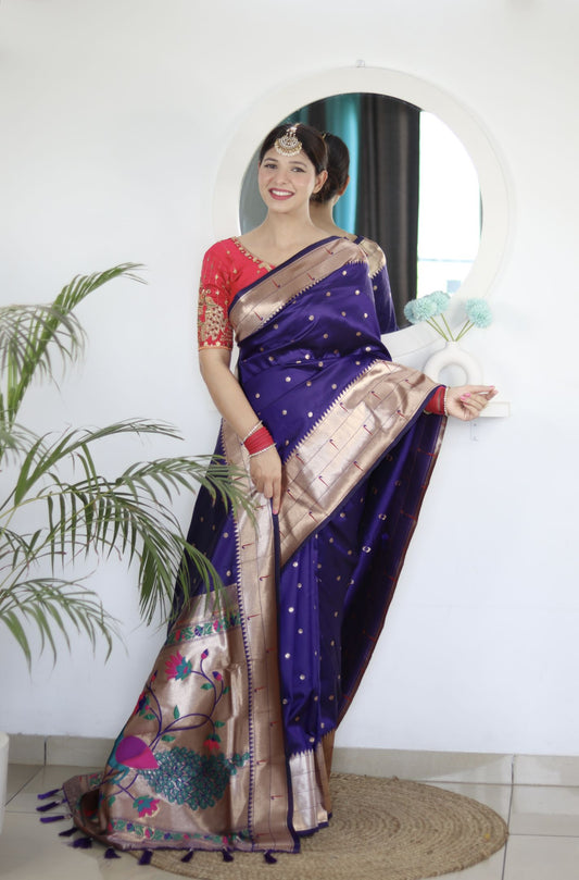 Violet Paithani Silk Saree: Woven Jacquard Designer, Embroidery Work Blouse