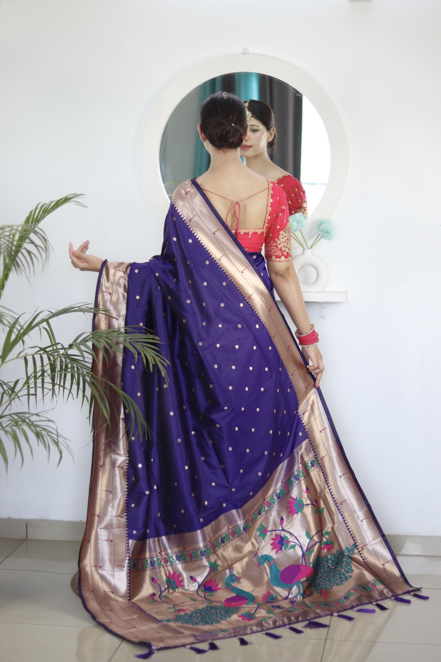 Violet Paithani Silk Saree: Woven Jacquard Designer, Embroidery Work Blouse