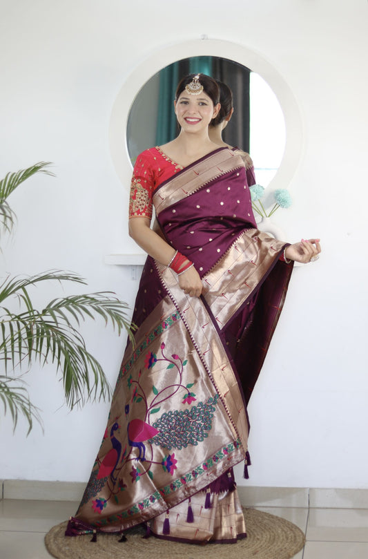 Wine Paithani Silk Saree: Woven Jacquard Designer, Embroidery Work Blouse