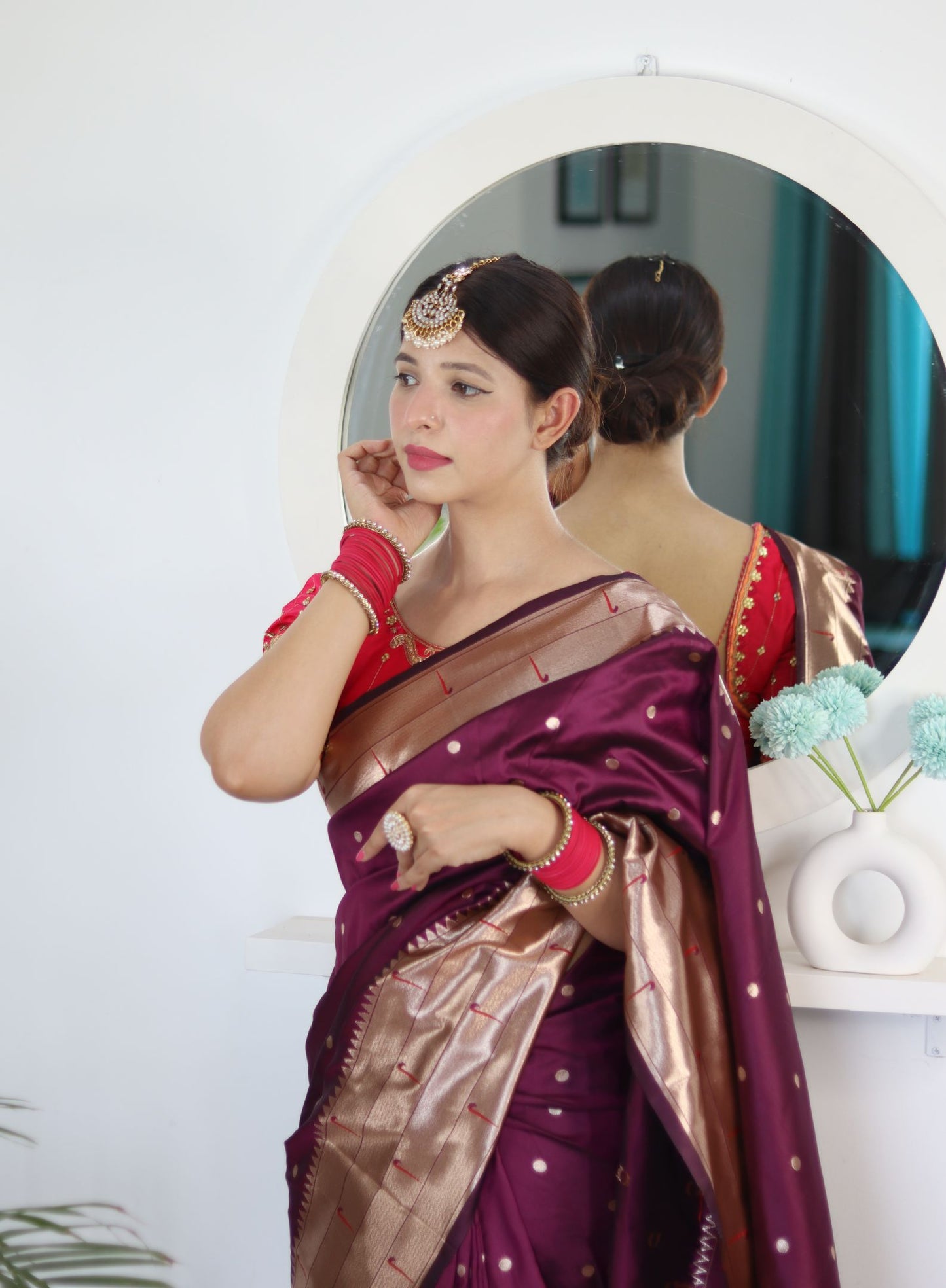 Wine Paithani Silk Saree: Woven Jacquard Designer, Embroidery Work Blouse