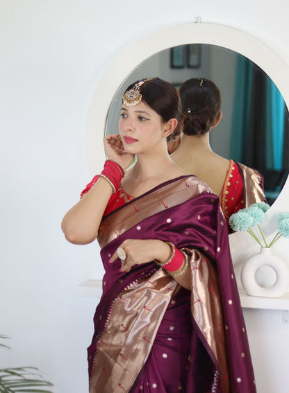 Wine Paithani Silk Saree: Woven Jacquard Designer, Embroidery Work Blouse