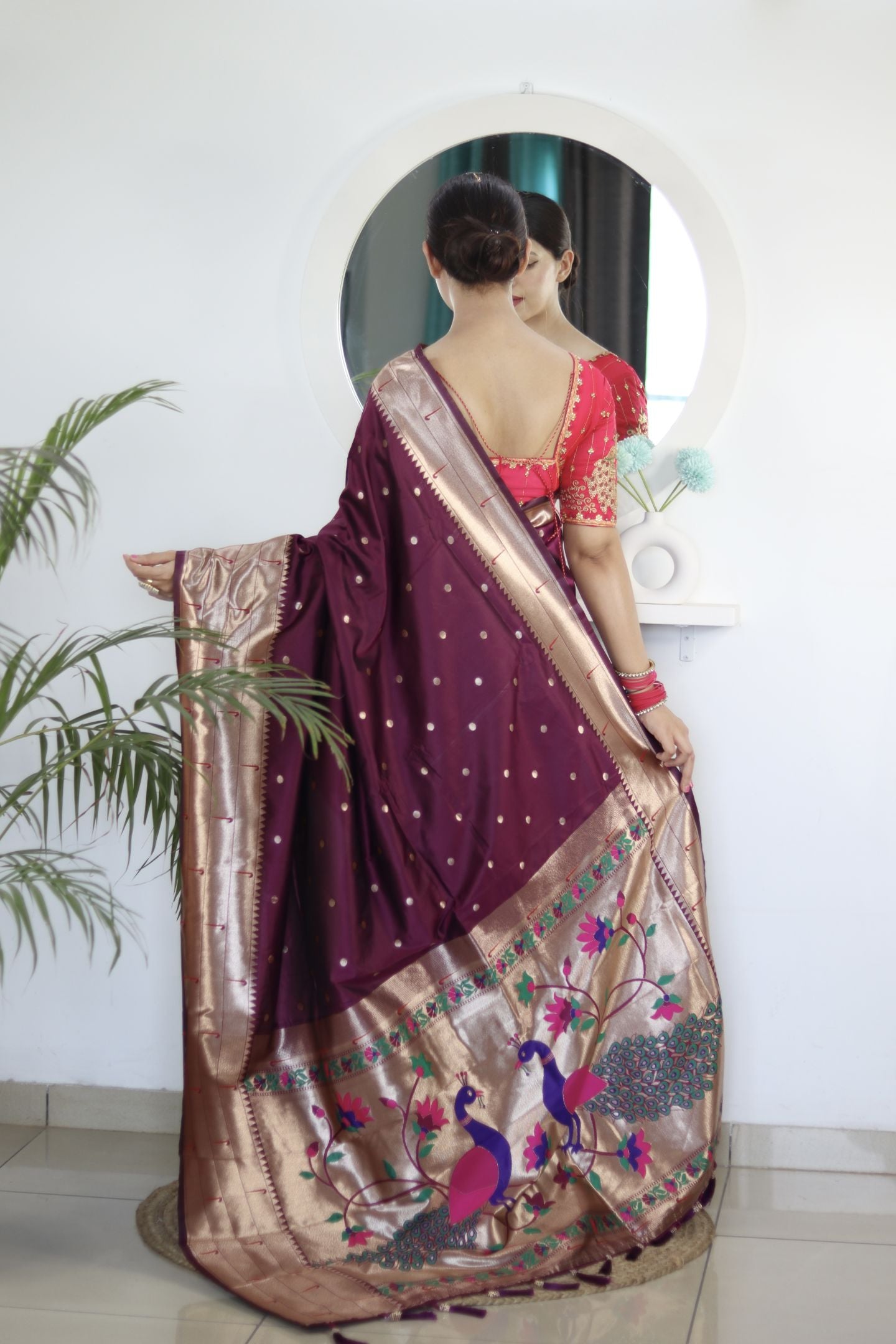 Wine Paithani Silk Saree: Woven Jacquard Designer, Embroidery Work Blouse