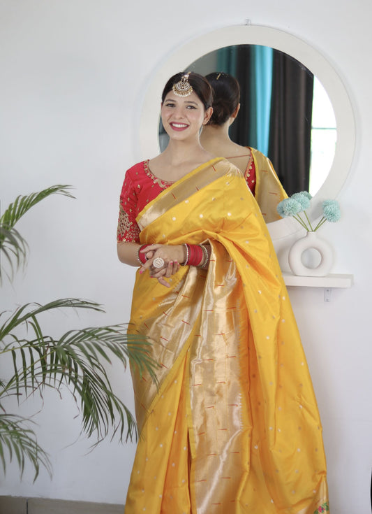 Yellow Paithani Silk Saree: Woven Jacquard Designer, Embroidery Work Blouse