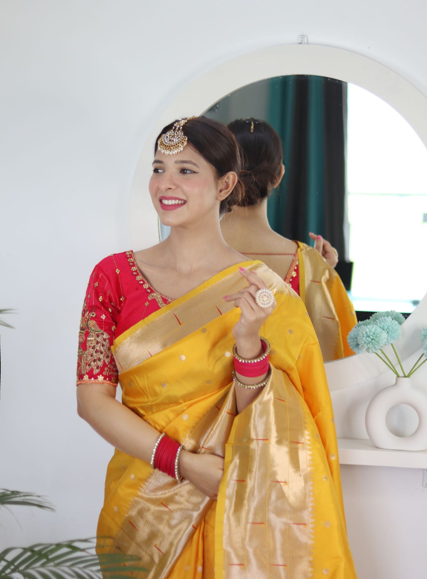 Yellow Paithani Silk Saree: Woven Jacquard Designer, Embroidery Work Blouse