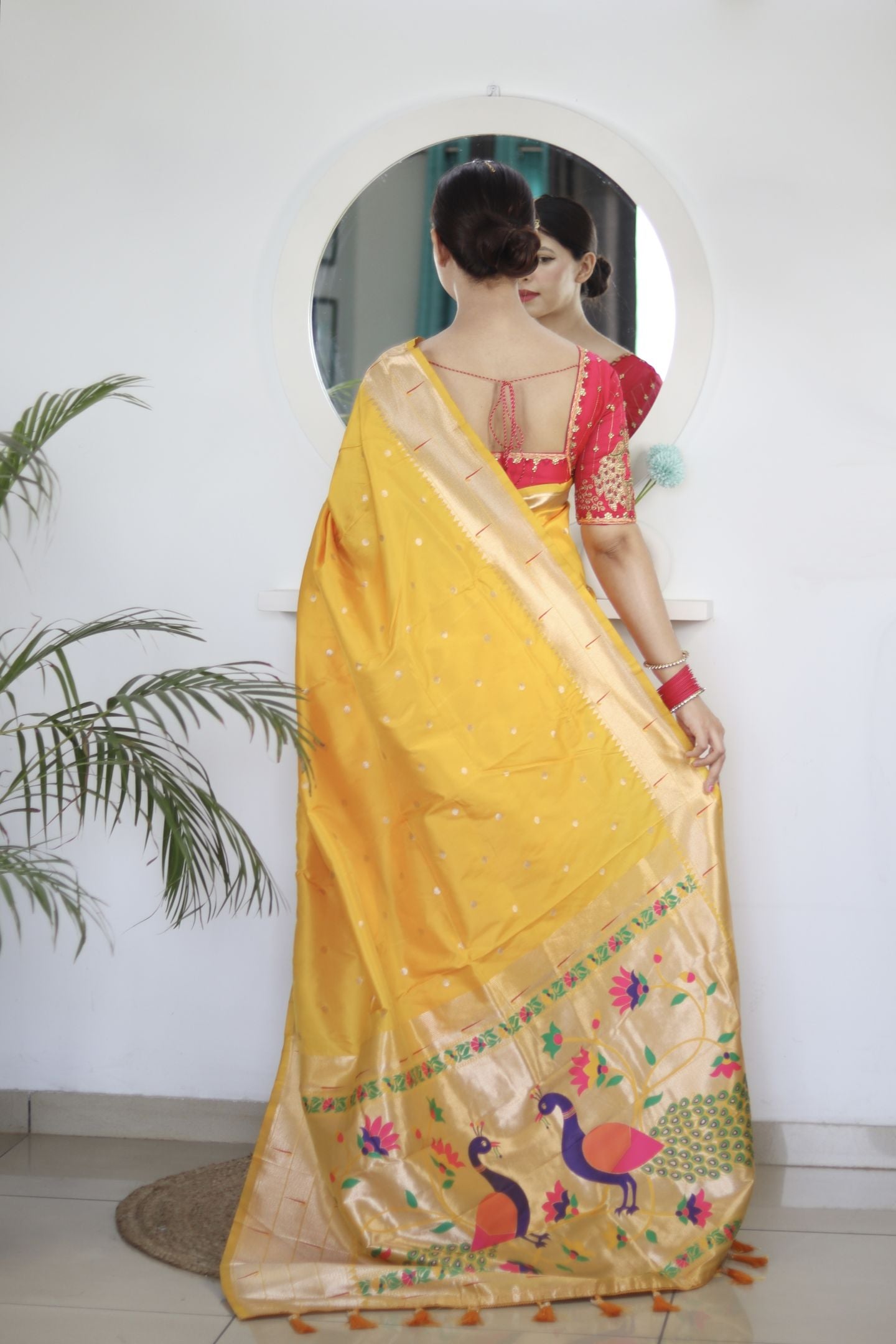 Yellow Paithani Silk Saree: Woven Jacquard Designer, Embroidery Work Blouse