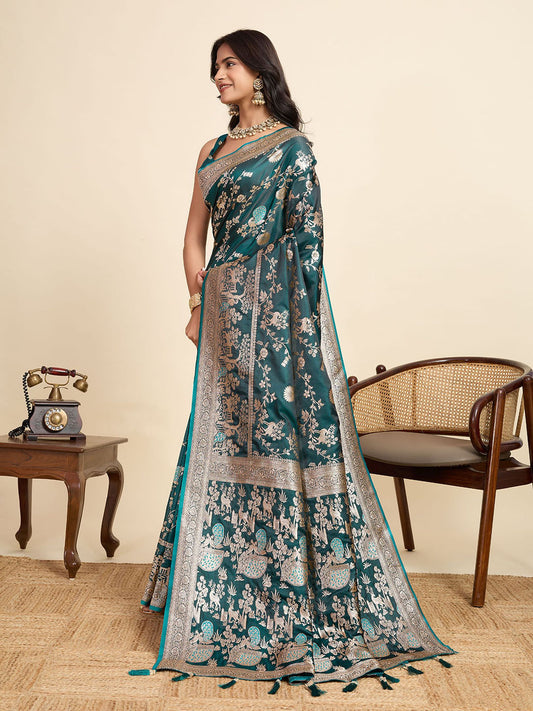 Rama Two-Tone Satin Silk Saree: Woven Jari Designer Work
