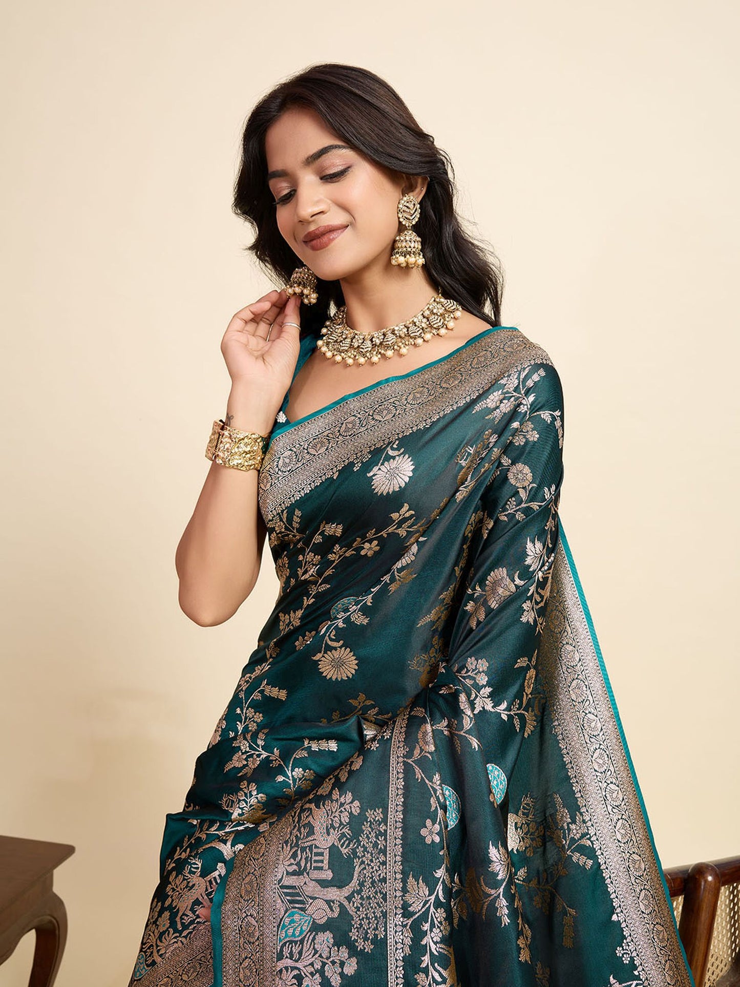 Rama Two-Tone Satin Silk Saree: Woven Jari Designer Work