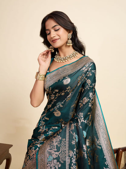 Rama Two-Tone Satin Silk Saree: Woven Jari Designer Work