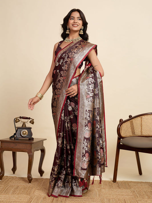 Wine Two-Tone Satin Silk Saree: Woven Jari Designer Work