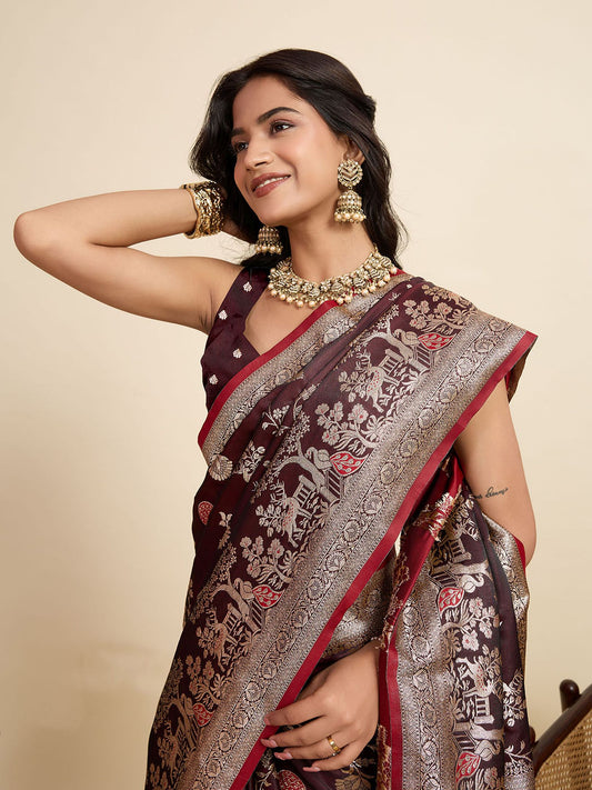 Wine Two-Tone Satin Silk Saree: Woven Jari Designer Work