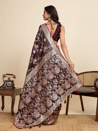 Wine Two-Tone Satin Silk Saree: Woven Jari Designer Work