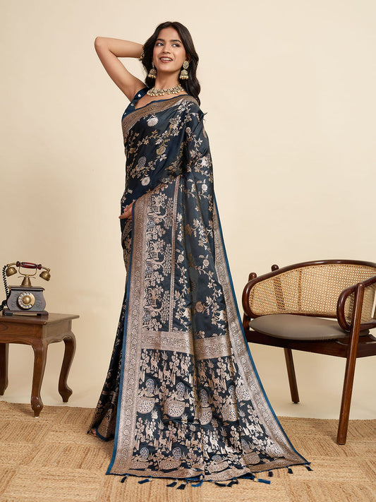 Grey Two-Tone Satin Silk Saree: Woven Jari Designer Work