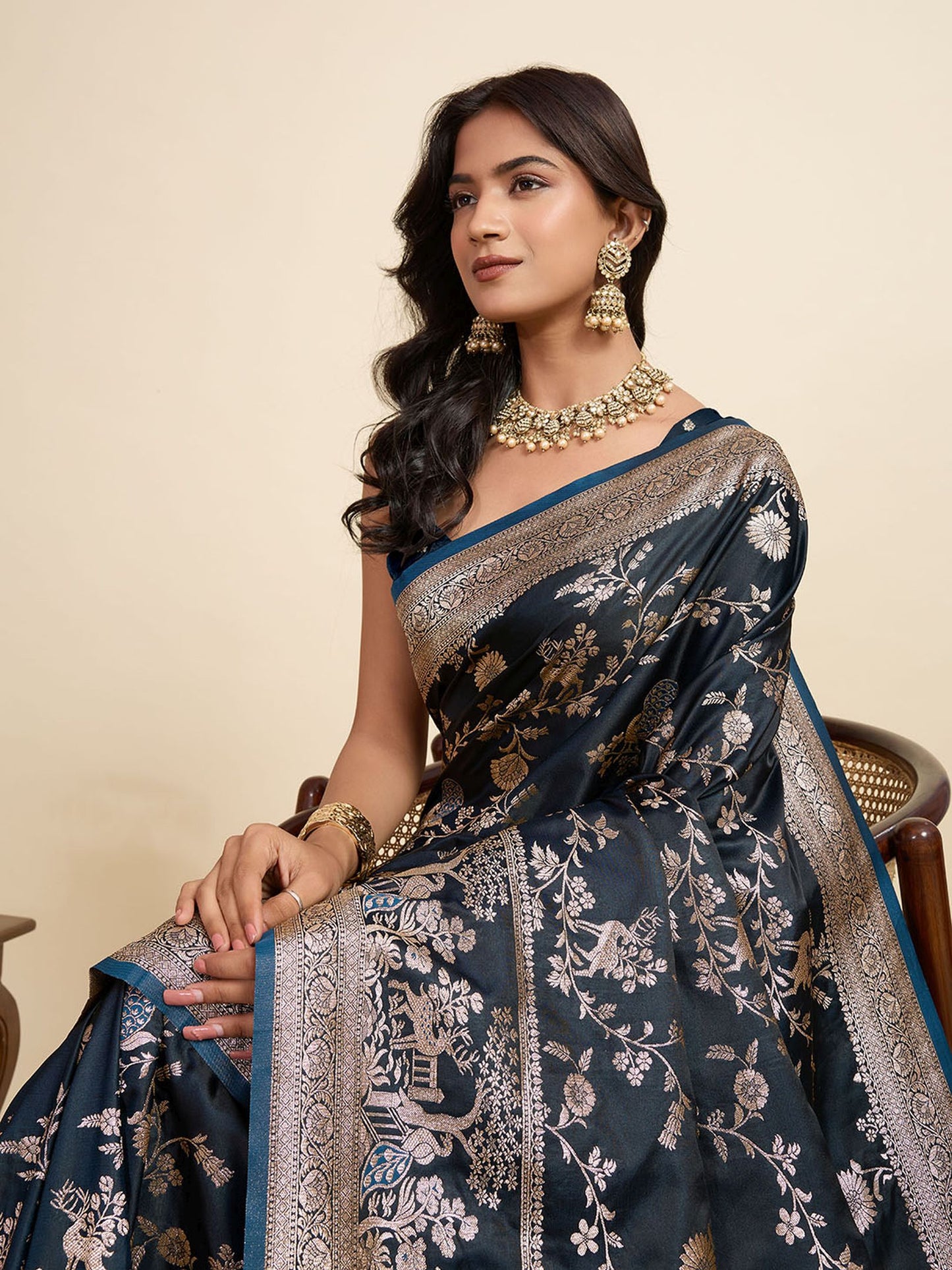 Grey Two-Tone Satin Silk Saree: Woven Jari Designer Work