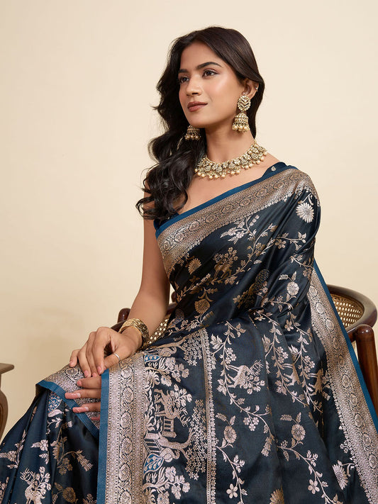 Grey Two-Tone Satin Silk Saree: Woven Jari Designer Work