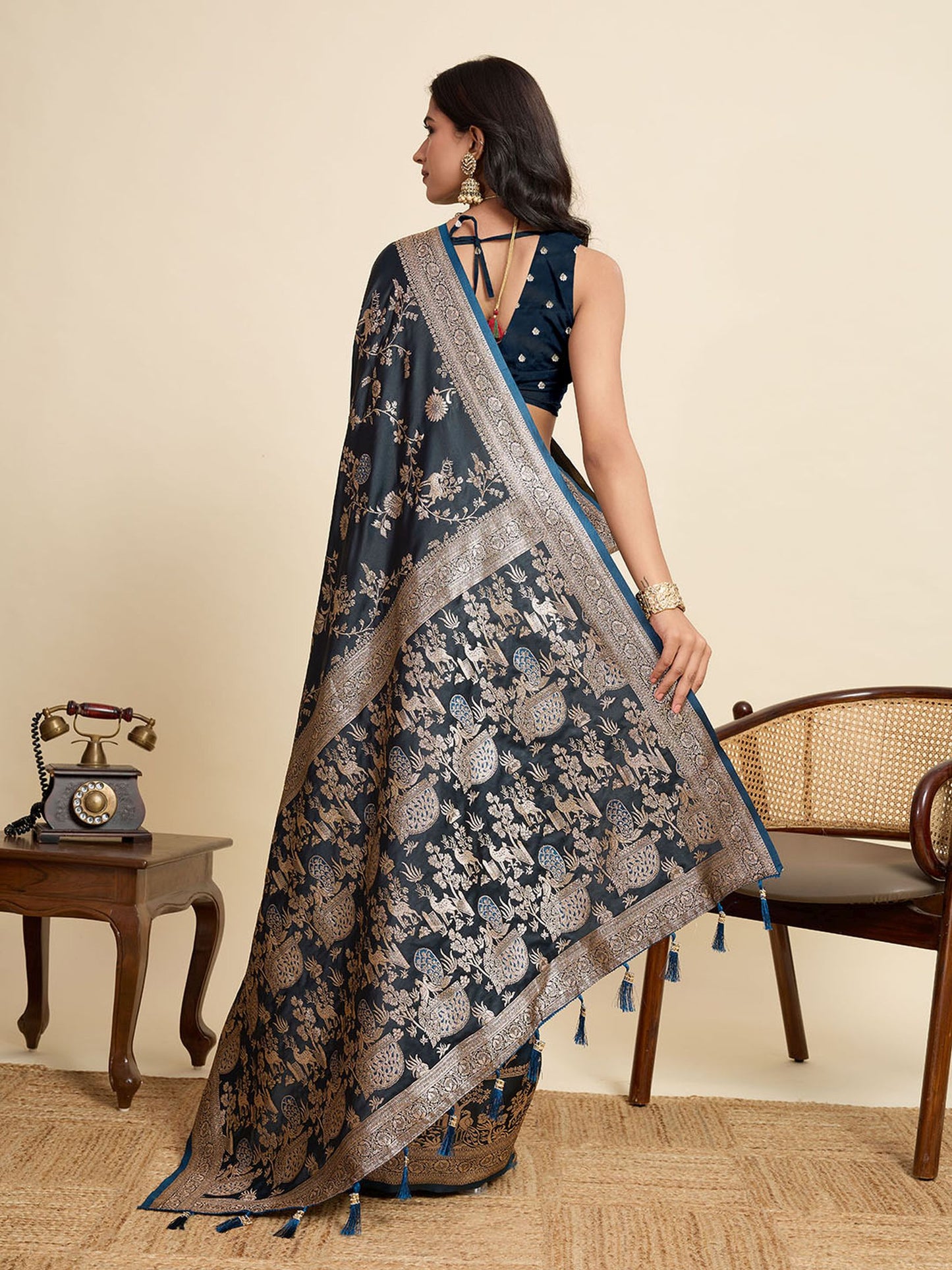 Grey Two-Tone Satin Silk Saree: Woven Jari Designer Work