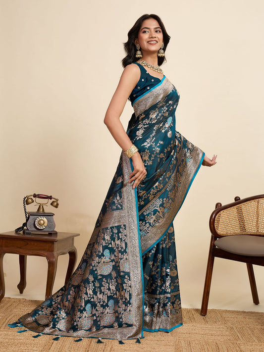 Blue Two-Tone Satin Silk Saree: Woven Jari Designer Work