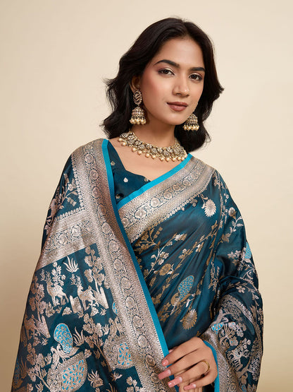 Blue Two-Tone Satin Silk Saree: Woven Jari Designer Work