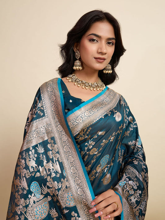 Blue Two-Tone Satin Silk Saree: Woven Jari Designer Work