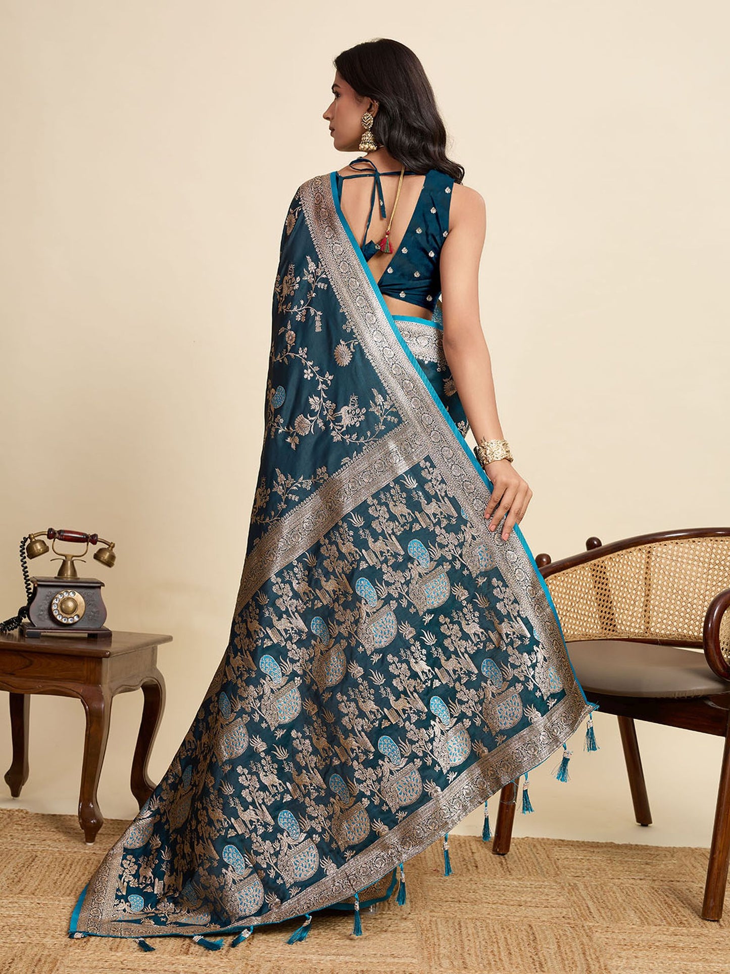 Blue Two-Tone Satin Silk Saree: Woven Jari Designer Work