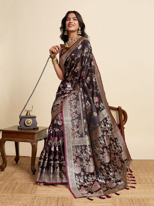 Brown Two-Tone Satin Silk Saree: Woven Jari Designer Work