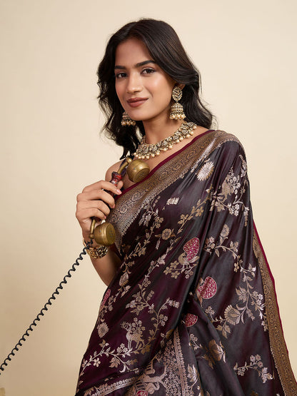 Brown Two-Tone Satin Silk Saree: Woven Jari Designer Work
