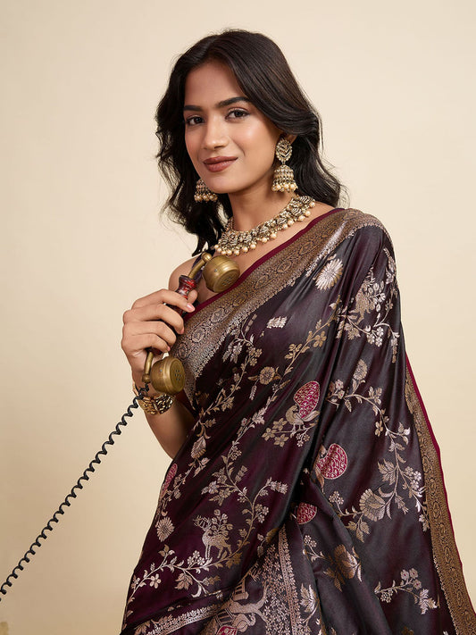 Brown Two-Tone Satin Silk Saree: Woven Jari Designer Work