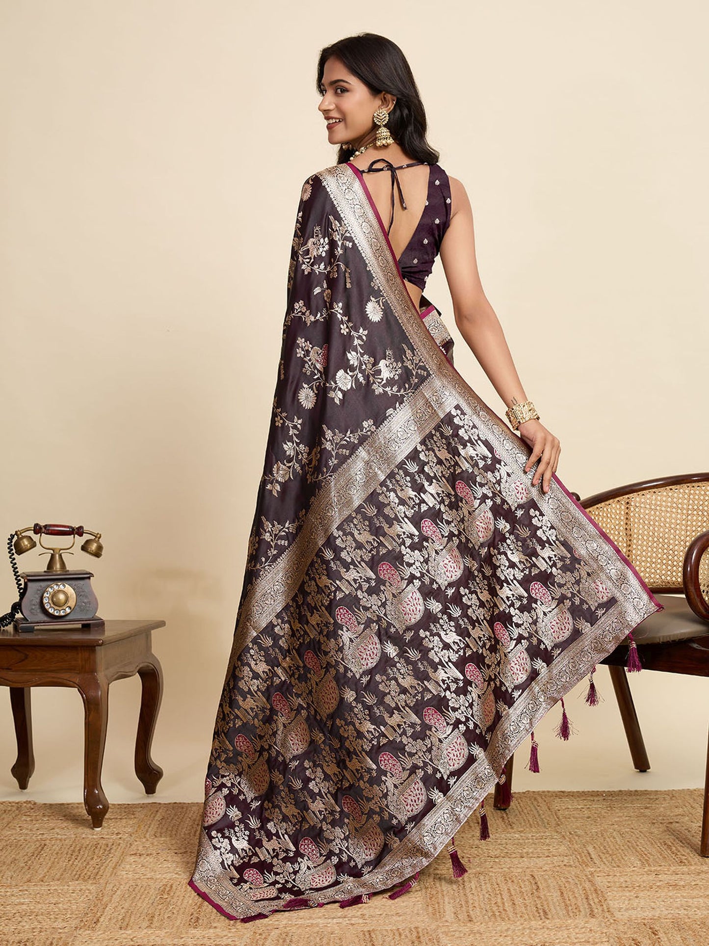 Brown Two-Tone Satin Silk Saree: Woven Jari Designer Work