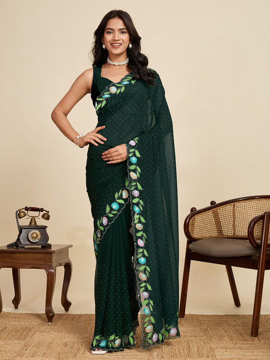 Green Georgette Saree: Brush Printed with Swarovski Work