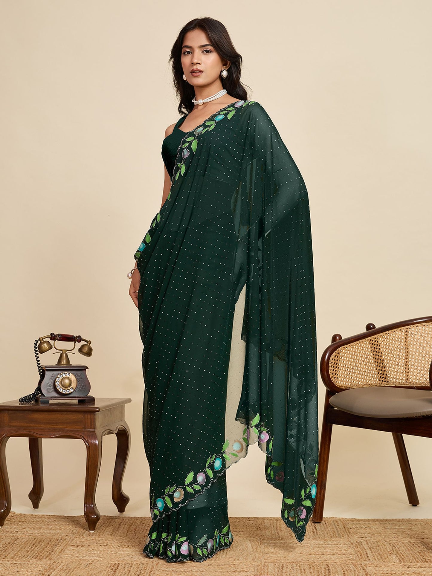 Green Georgette Saree: Brush Printed with Swarovski Work