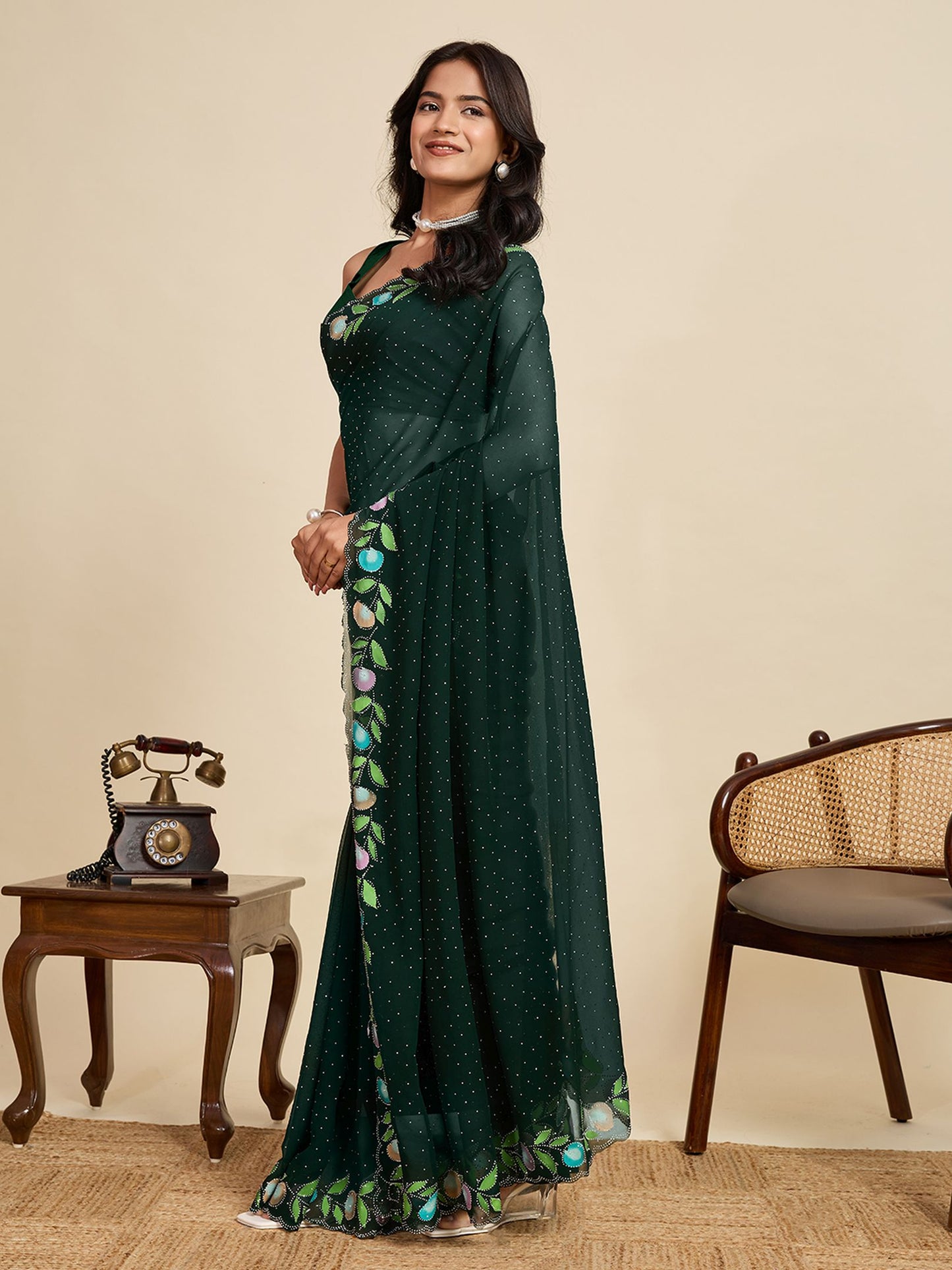 Green Georgette Saree: Brush Printed with Swarovski Work