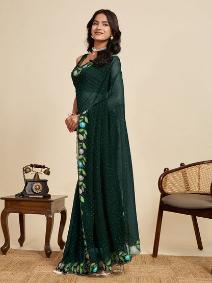 Green Georgette Saree: Brush Printed with Swarovski Work