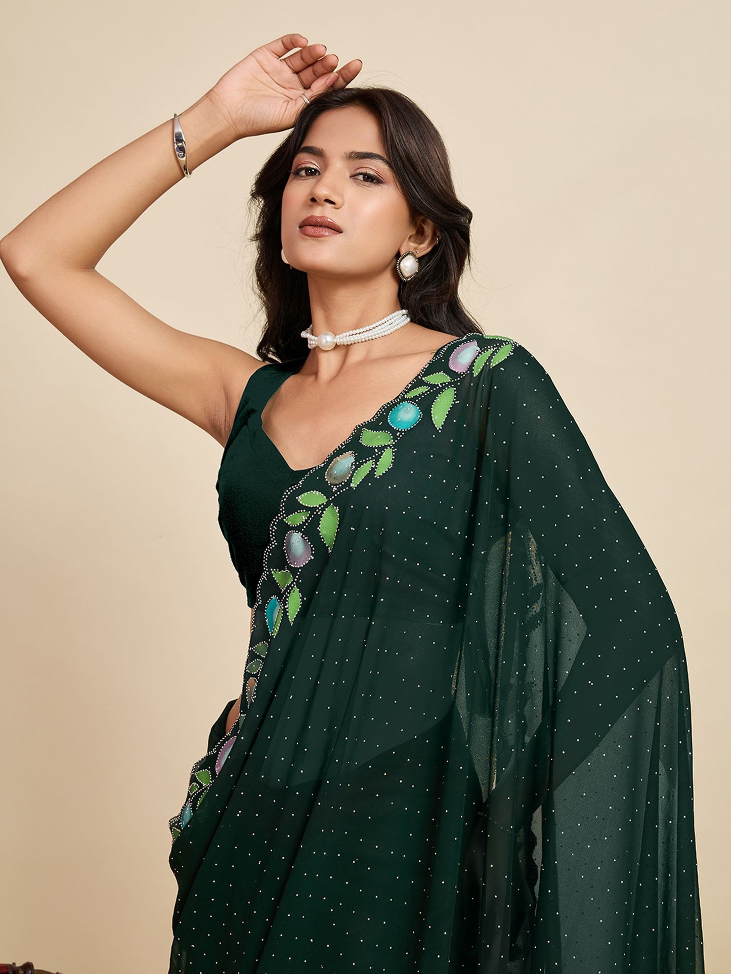 Green Georgette Saree: Brush Printed with Swarovski Work
