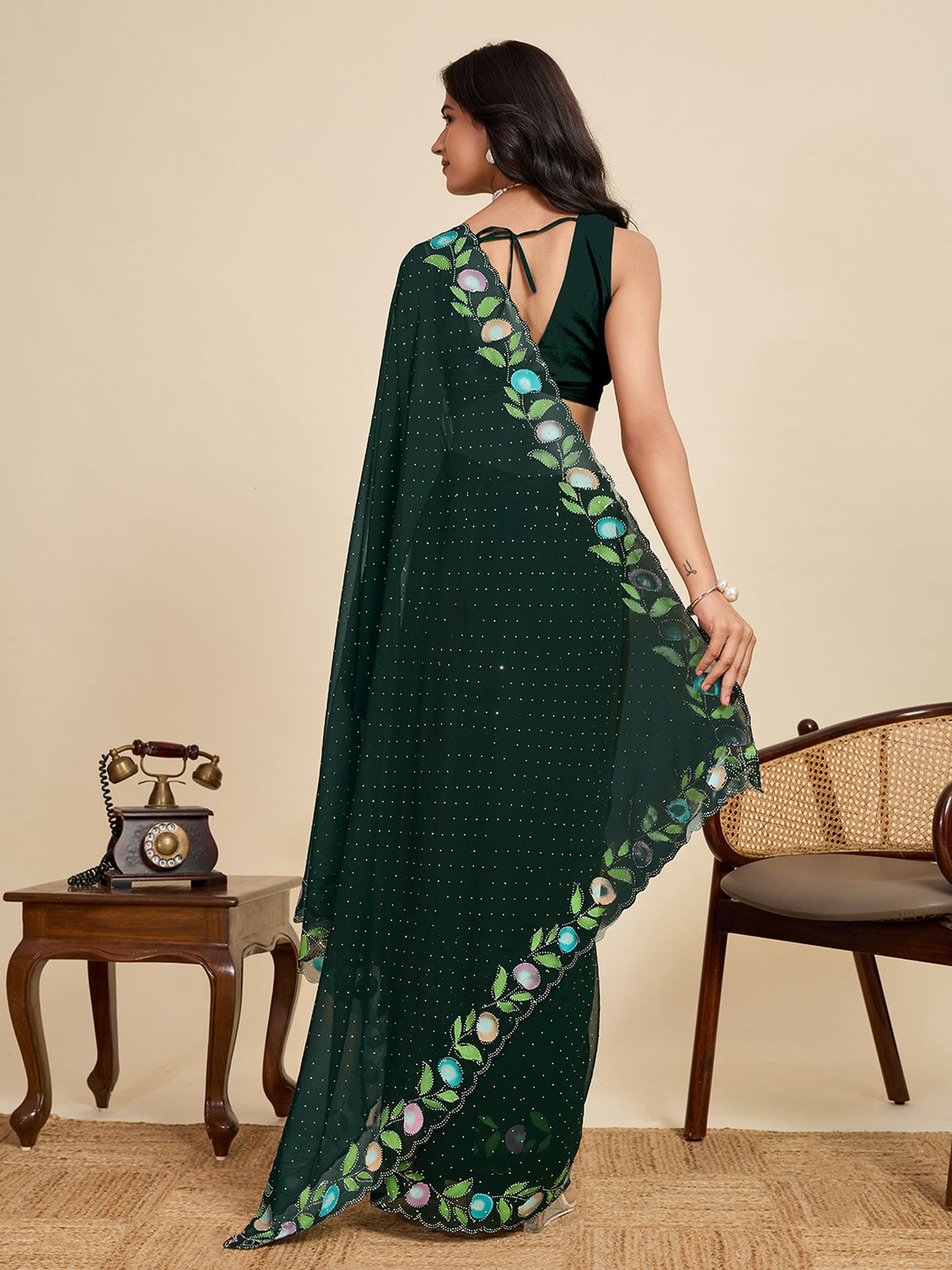 Green Georgette Saree: Brush Printed with Swarovski Work
