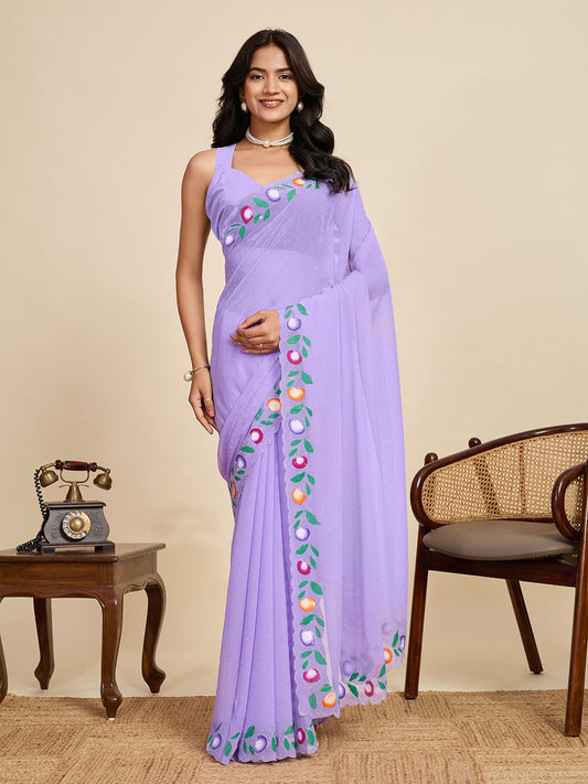 Purple Georgette Saree: Brush Printed with Swarovski Work