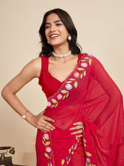 Red Georgette Saree: Brush Printed with Swarovski Work