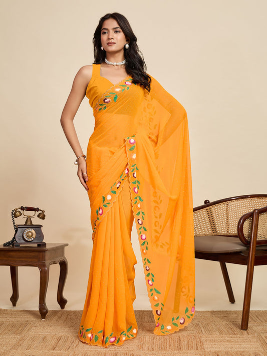 Mustard Georgette Saree: Brush Printed with Swarovski Work