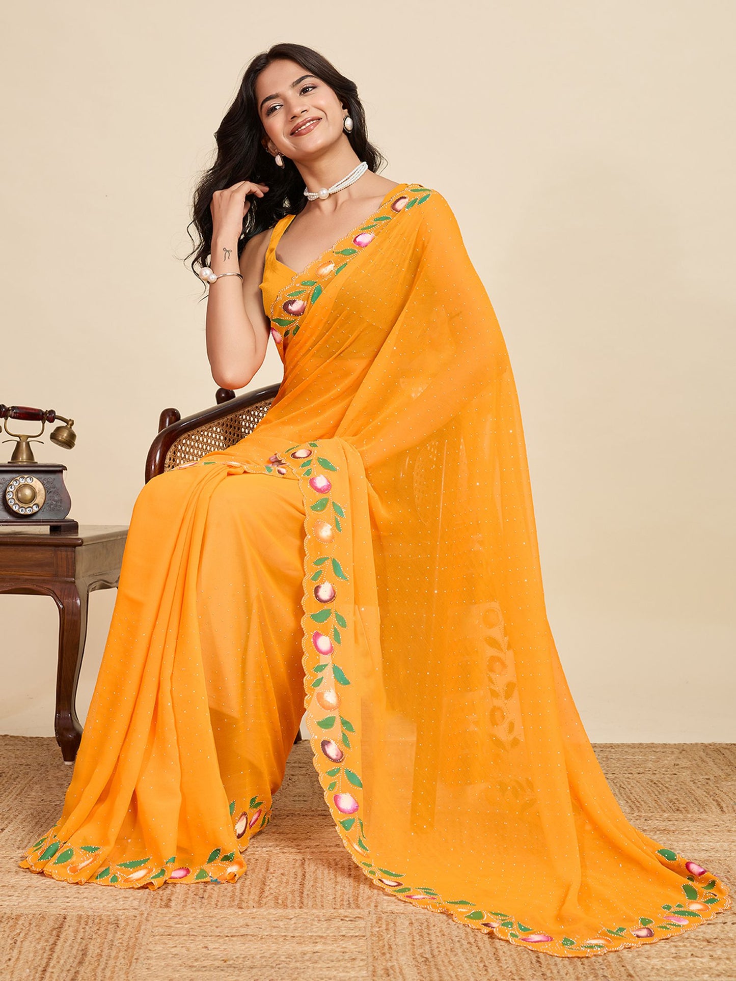 Mustard Georgette Saree: Brush Printed with Swarovski Work