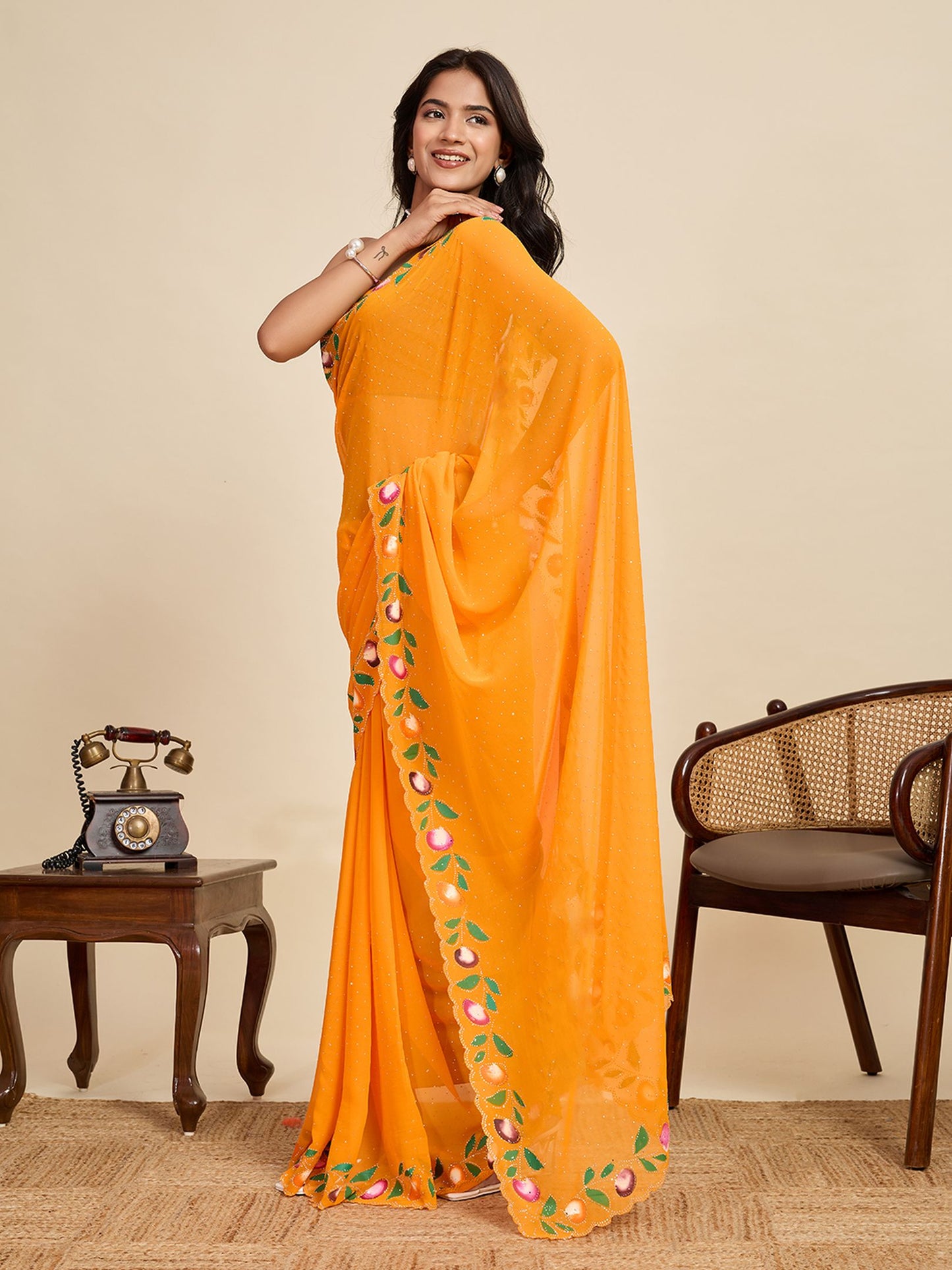 Mustard Georgette Saree: Brush Printed with Swarovski Work