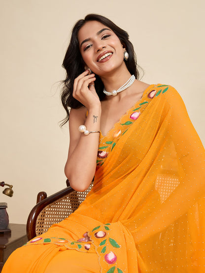 Mustard Georgette Saree: Brush Printed with Swarovski Work