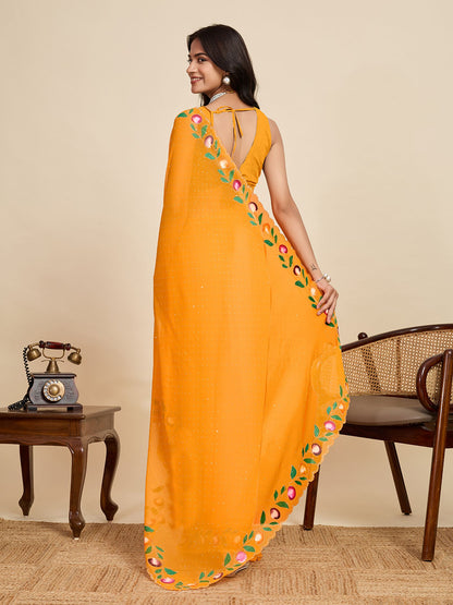 Mustard Georgette Saree: Brush Printed with Swarovski Work