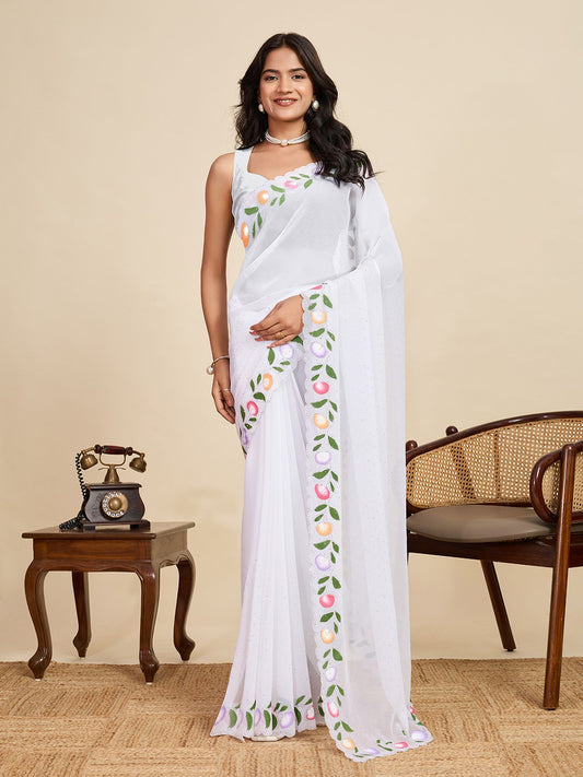White Georgette Saree: Brush Printed with Swarovski Work