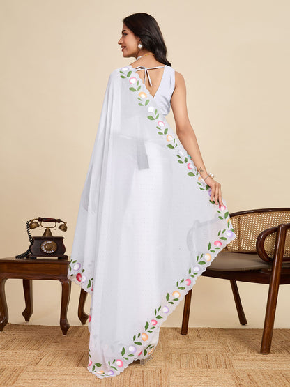 White Georgette Saree: Brush Printed with Swarovski Work