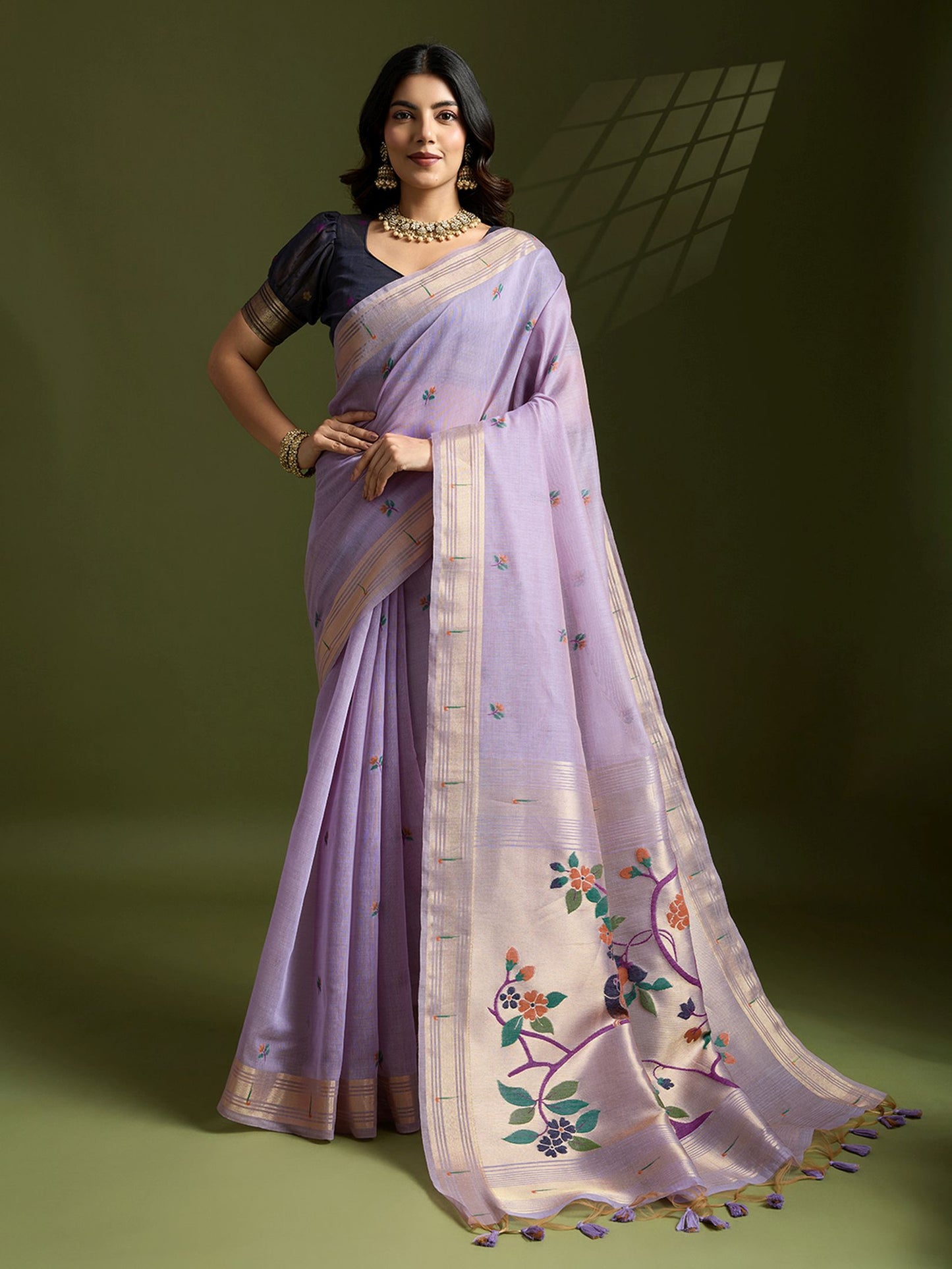 Luxurious Lavender Muga Cotton Saree with Royal Purple Paithani Weaving